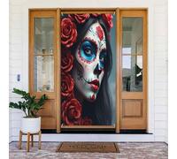 Decorazioni per porte - stampa rosa rossa con signora n. 275 striscioni per porte autunnali e invernali, per la primavera e l'estate, sfondo da appendere per esterni e interni, decorazione da parete