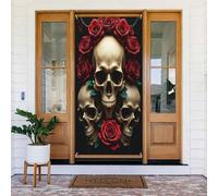 Decorazioni per porte - Stampa rossa con teschio rosa n. 302 striscioni per porte autunnali e invernali, per la primavera e l'estate, sfondo da appendere per esterni, interni, decorazione da parete