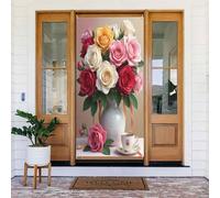 Decorazioni per porte - Tazza da tè rosa primavera estate stampa colorata n. 564 striscioni per porta per davanti, cartello invernale autunnale, sfondo da appendere per esterni e interni, decorazione
