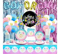 Decorazioni per rivelare il genere, tra cui striscione, piatti, tovaglie, palloncini, tovaglioli, tazze, cannuccia, Rosa Blu Tenda, stoviglie per Baby Shower feste di genere servono 25 ospiti