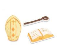 Decorazioni per Torta Cresima in Zucchero, Set 3 Pezzi con Bibbia, Mitria e Pastorale, Multicolore, Senza Glutine