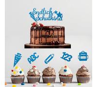 Decorazioni per torte Inaugurazione 2025, set da 11 topper "Endlich Schulkind", ABC 123, sacchetti di zucchero, per ragazze e ragazzi, ideali per l'inizio della scuola e per la decorazione delle torte