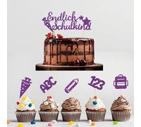 Decorazioni per torte Inaugurazione 2025, set da 11 topper "Endlich Schulkind", ABC 123, sacchetti di zucchero, per ragazze e ragazzi, ideali per l'inizio della scuola e per la decorazione delle torte
