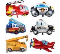 Decorazioni pompiere per compleanni bambini, 6 palloncini in foil per compleanni, palloncino a forma di auto della polizia, camion dei pompieri, aereo, escavatore