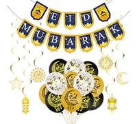 Decorazioni Ramadan Mubarak, set di decorazioni Eid Mubarak, decorazioni da soffitto in lamina da appendere per la casa, 6 stelle islamiche luna lanterna ghirlanda Streamer 15 palloncini, 1 striscione