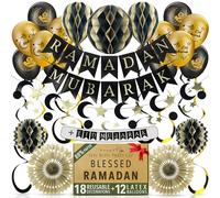 Decorazioni riutilizzabili di alta qualità, decorazioni Eid Mubarak, decorazioni per il Ramadan per la casa, striscione Eid Mubarak, decorazioni da appendere a mezzaluna e stelle (nero e oro +