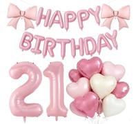 Decorazioni rosa per il 21° compleanno, grande palloncino in lamina con 21 numeri da 53 cm, fiocco rosa da 40,6 cm, palloncini a forma di lettera di buon compleanno, con palloncini a cuore da 45 cm