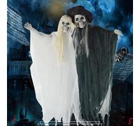 Decorazioni spaventose di Halloween, Animatronics sposa sposo appeso scheletro fantasma decorazione con suono attivato spettrale occhi rossi in bianco e nero coppia fantasma figurina per interni