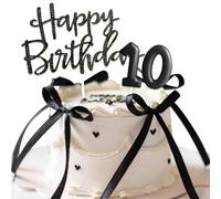 Decorazioni Torta Compleanno 10 Anni, Candeline Compleanno e Happy Birthday Decorazioni Torta con Nastro, Decorazioni Compleanno Nero