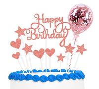 Decorazioni Torta Compleanno, 11 pcs Topper Torta Compleanno, Decorazioni per Torte Cupcake Glitterrata con Stelle Amore e Palloncini Coriandoli per Feste di Compleanno(Oro rosa)