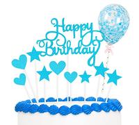 Decorazioni Torta Compleanno, 11 pcs Topper Torta Compleanno, Decorazioni per Torte Cupcake Glitterrata con Stelle Amore e Palloncini Coriandoli per Feste di Compleanno(Blu)