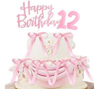 Decorazioni Torta Compleanno 12 Anni, Candeline Compleanno e Happy Birthday Decorazioni Torta con Nastro, Decorazioni Compleanno Rosa
