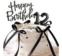 Decorazioni Torta Compleanno 12 Anni, Candeline Compleanno e Happy Birthday Decorazioni Torta con Nastro, Decorazioni Compleanno Nero