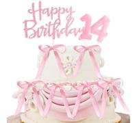 Decorazioni Torta Compleanno 14 Anni, Candeline Compleanno e Happy Birthday Decorazioni Torta con Nastro, Decorazioni Compleanno Rosa