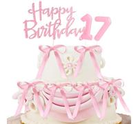 Decorazioni Torta Compleanno 17 Anni, Candeline Compleanno e Happy Birthday Decorazioni Torta con Nastro, Decorazioni Compleanno Rosa