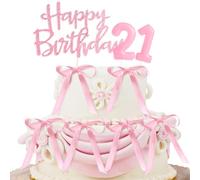 Decorazioni Torta Compleanno 21 Anni, Candeline Compleanno e Happy Birthday Decorazioni Torta con Nastro, Decorazioni Compleanno Rosa
