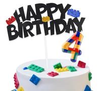 Decorazioni Torta Compleanno Building Block con Happy Birthday Decorazioni Torta e Candeline Compleanno, Decorazioni Compleanno 4 Anni per Bambini