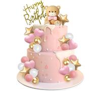 Decorazioni Torta Orso 27 Pezzi Cake Topper Compleanno Bambino Orsetto Topper Torta, Cuore Stella Palline Decorative per Torte, Carino Decorazione Torta per Bambini Anniversari Tema Feste (Rosa)