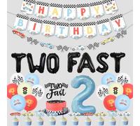 Decorazioni vintage per 2° compleanno, striscione a tema auto da corsa per ragazzo, ghirlanda, topper per cupcake, palloncini pastello