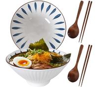 DecorDwell Set di 2 Ciotole in Ceramica per Ramen, con Bacchette e Cucchiai, 1200ml, Set Bowl Ramen per Noodle Istantanei, Pho, Pasta, Insalata, Lavastoviglie, Stoviglie Asiatiche (Foglie)