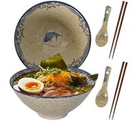 DecorDwell Set di 2 Ciotole in Ceramica per Ramen, con Bacchette e Cucchiai, 1200ml, Set Bowl Ramen per Noodle Istantanei, Pho, Pasta, Insalata, Lavastoviglie, Stoviglie Asiatiche (Beige)