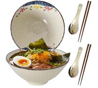 DecorDwell Set di 2 Ciotole in Ceramica per Ramen, con Bacchette e Cucchiai, 1200ml, Set Bowl Ramen per Noodle Istantanei, Pho, Pasta, Insalata, Lavastoviglie, Stoviglie Asiatiche (Crema)