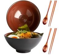 DecorDwell Set di 2 Ciotole in Ceramica per Ramen, con Bacchette e Cucchiai, 1200ml, Set Bowl Ramen per Noodle Istantanei, Pho, Pasta, Insalata, Lavastoviglie, Stoviglie Asiatiche (Marrone)