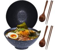 DecorDwell Set di 2 Ciotole in Ceramica per Ramen, con Bacchette e Cucchiai, 1200ml, Set Bowl Ramen per Noodle Istantanei, Pho, Pasta, Insalata, Lavastoviglie, Stoviglie Asiatiche (Nero)