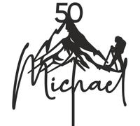 decoresca Decorazione personalizzata per torta di compleanno, personalizzata con età, nome e colore, tema montagna, alpinista, decorazione per torte, topper in acrilico e compensato