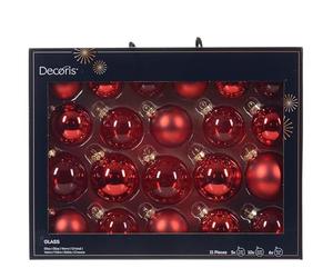 Decoris Set di 21 palline di Natale in vetro, 5-7 cm, opache, lucide e trasparenti, per albero di Natale - Palline in vetro diametro 7 cm assortite 21 pezzi per Natale, colore: rosso