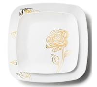 Decorline Confezione da 32 Piatti Quadrati Plastica Eleganti Riutilizzabili Rigida | Motivo Bianchi con Fiori Dorati | Set di 2 misure - piatto piano 25cm + dessert 18cm 16 pezzi ciascuno | Bianco/Oro