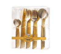 Decorline - Set di posate in plastica robusta riutilizzabile - 40 pezzi - ciascuno con 16 forchette, 8 coltelli, 8 cucchiai e 8 cucchiaini da caffè/caffè - Noble Collection - Oro lucido