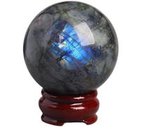 DECORN Sfera di Cristallo Labradorite Naturale Palla di Pietra di Luna con Supporto in Legno Decorazione per la casa Feng Shui Dono di Cristallo di Gemma di guarigione energetica,80mm