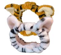 DECORNIJIA Fascia Elastica per Lavaggio del Viso e Trucco in Peluche Orecchie di Tigre, 2 Pezzi (bianco e Giallo), Fascia Ampia per Chioma da Donna, Adatta per Spa, Yoga e Cura della Pelle