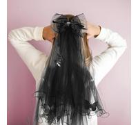 DECORNIJIA Velo da Sposa Fantasma Nero a Farfalla Fiocco e Fermagli per Chioma Accessorio Gotico per Halloween Cosplay Vampiro e Addio al Nubilato Copricapo Leggero in Rete per Feste