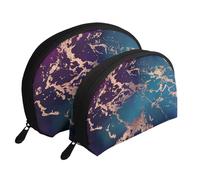 Decoro in marmo di lusso viola scuro e verde acqua con oro, Borsa per trucco a conchiglia Portamonete da donna Borsa da toilette piccola Borsa per cosmetici 2 pezzi