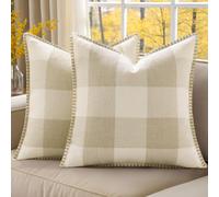 decorUhome Set di 2 federe per cuscini in lino con bordi rifilati, motivo scozzese a quadri, per divano, 50 x 50 cm, crema bianco e beige