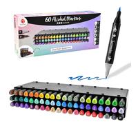 Decotime Pennarelli indelebili a doppia punta con vassoio di stoccaggio, 60 pennarelli indelebili a doppia punta, per adulti e artigianato, ad asciugatura rapida, per artisti, punte fini e a pennello