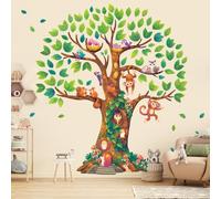 DECOWALL DL4-2303 Giant Tree decalcomanie da parete per bambini vivaio arredamento camera delle ragazze dei boschi neonati pianta foresta casa natura verde coinquilini foglia animali scimmia colorata
