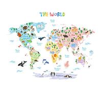Decowall - DLT-1615 Adesivi da parete per la cameretta dei bambini con mappa del mondo e animali.