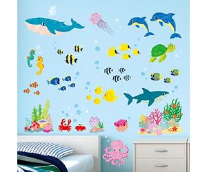 DECOWALL Under the Sea Wall Stickers (Piccolo) Decalcomanie per bambini Peel and Stick Nursery Camera rimovibile Animal Fish Bagno Baby Ocean (DS4-2014S)