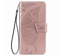 Dedux Portafoglio Custodia per Oppo Find X3 Lite, Cover per Custodia a Farfalla con Fiore di Rosa in Rilievo [Funzione Stand] [Slot Cart] [Chiusura Magnetica], Dotata di Cordino. Oro Rosa