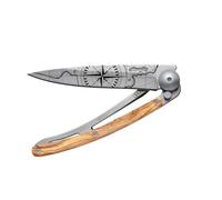 deejo - 0.9 OZ, Titanium, Olive Wood, Terra Incognita - Ultra-Light Pocket Folding Knife with a Belt Clip - Z40C13 Stainless Steel