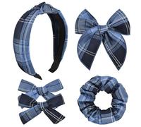 DEEKA Set di fiocchi per capelli a quadri per uniformi scolastiche, fascia e elastici per capelli, con fermagli a coccodrillo, accessori per capelli per bambine e ragazze (blu navy)