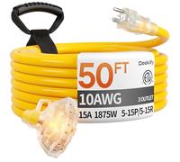 Deeklify - Cavo di prolunga da esterno 15,2 m 10/3 con prese multiple, resistente alle intemperie, 3 uscite SJTW Splitter con indicatore luminoso, 15 A 1875 W per giardino, gole e