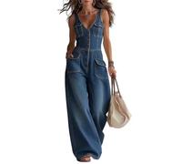 ,Deep Blue,XXL,Tuta Elegante da Donna Senza Maniche in Denim per Donna, Scollo a V, Pantaloni a Gamba Larga, Tuta in Jeans per L'Estate con Tasche