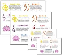 Deep Healing Light Poster da parete con simboli Reiki, 20 x 27 cm, 20 x 25 cm, 12 x 17 cm, 10 x 15 cm, senza cornice, con cinque simboli Reiki, nomi e spiegazioni, decorazione colorata e informativa