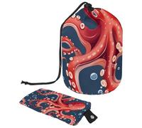 Deep Sea Cartoon Red Polpo Viaggio Cosmetici Borsa per il Trucco per le Donne, Pieghevole Coulisse Viaggio Cosmetici Borse, Portatile Toilette Secchio Borsa, Mare Profondo Cartoon Polpo Rosso,