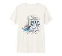 Deep Waters Isaia 43:2 Barca a Vela Christian Faith Maglietta Premium