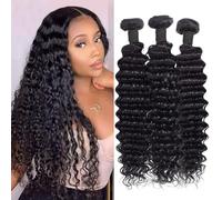 Deep Wave Bundles Human Hair Bundles Double Weft Weave Wavy Curly Hair Bundles 100% Unprocessed Virgin Weave Bundles Human Hair 3 Bundles Natural Black Color total 210g (14 16 18 inch)